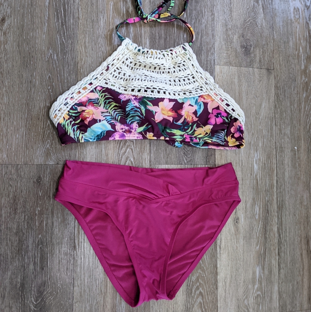 Kona Sol pink bikini bottoms & high neck top SET D